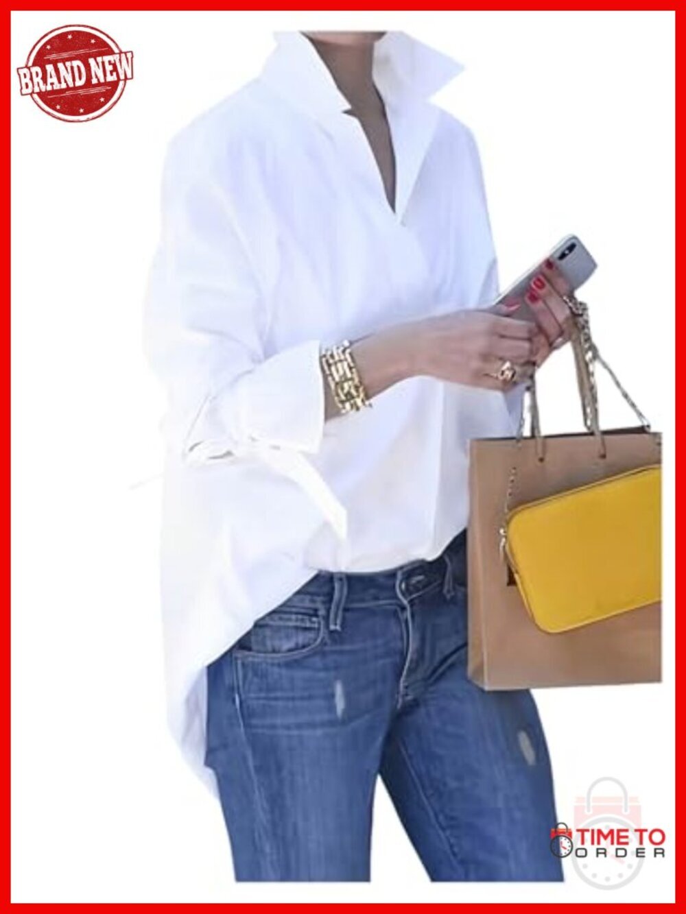 Women's Oversized Button Down Shirt French Cuff Tie Detailing Business Casual